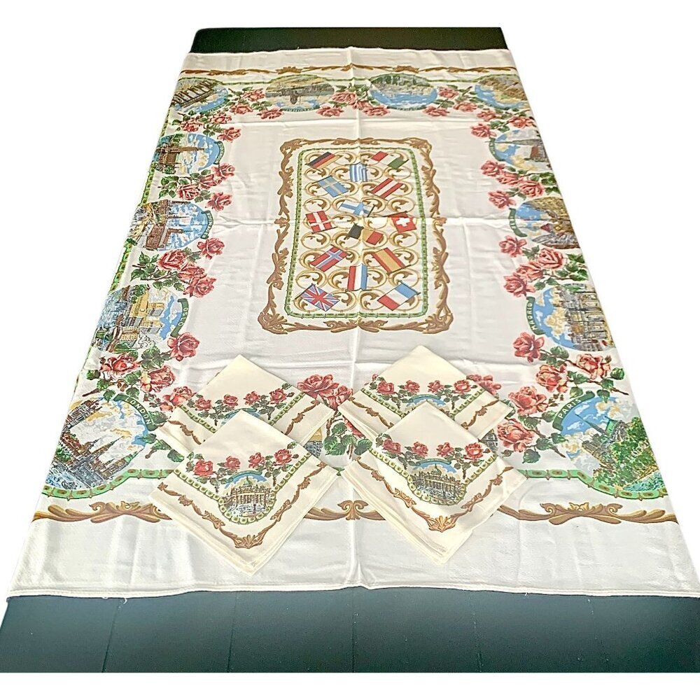 Tablecloth Vintage Souvenir Tablecloth European Capital Cities & Flags